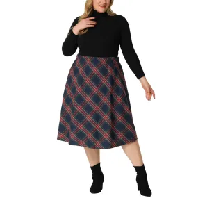 Agnes Orinda Women's Plus Size Knee Length Plaid Flared Skirt red