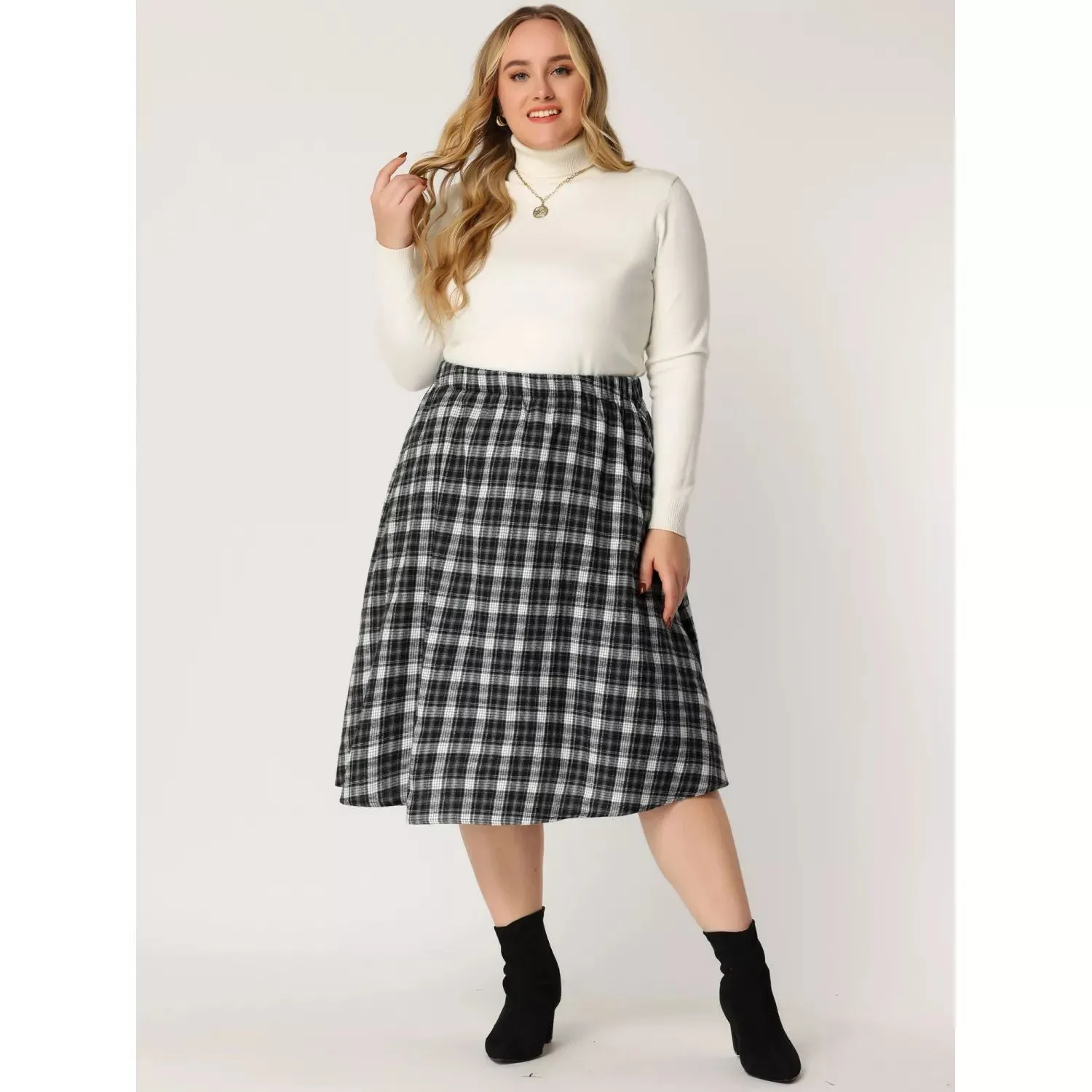 Agnes Orinda Women's Plus Size Knee Length Plaid Flared Skirt red