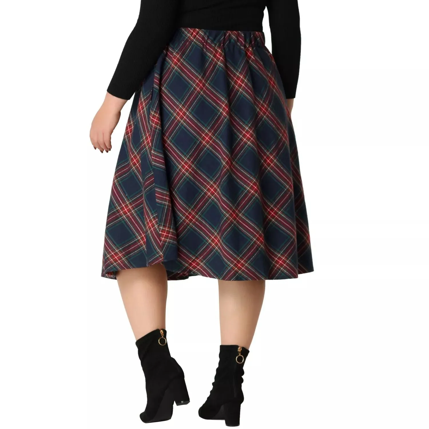 Agnes Orinda Women's Plus Size Knee Length Plaid Flared Skirt red