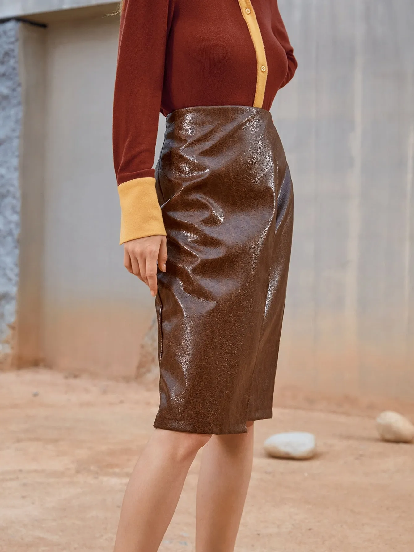 Elegant Plain Zipper High Waist Knee Length Women Skirt