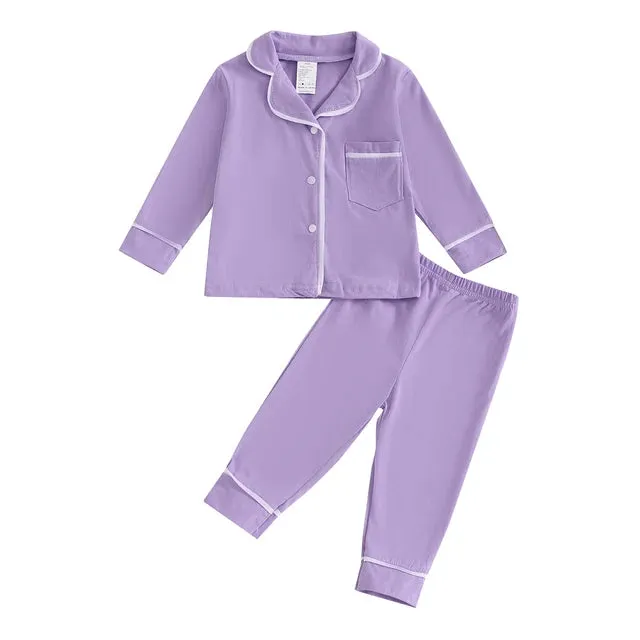 Fall Spring Children Kids Boys Girls Pajama Sets Loungewear Long Sleeve Patchwork Button Shirts Pants Comfortable Sleepwear