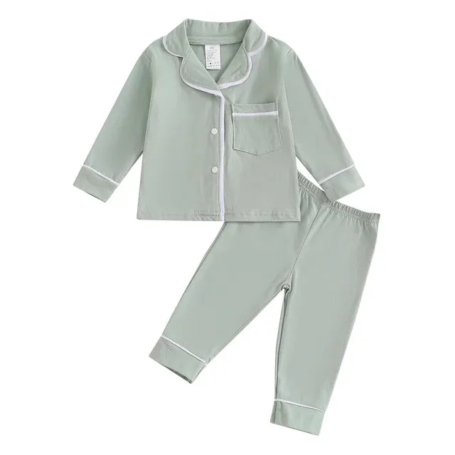 Fall Spring Children Kids Boys Girls Pajama Sets Loungewear Long Sleeve Patchwork Button Shirts Pants Comfortable Sleepwear