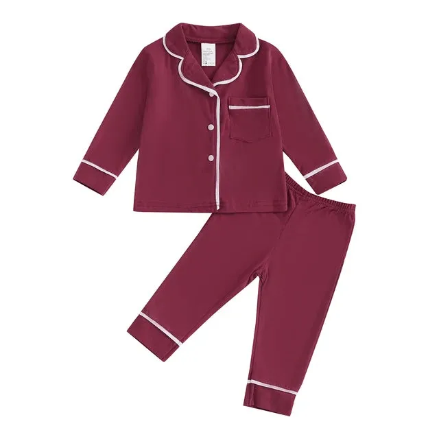 Fall Spring Children Kids Boys Girls Pajama Sets Loungewear Long Sleeve Patchwork Button Shirts Pants Comfortable Sleepwear