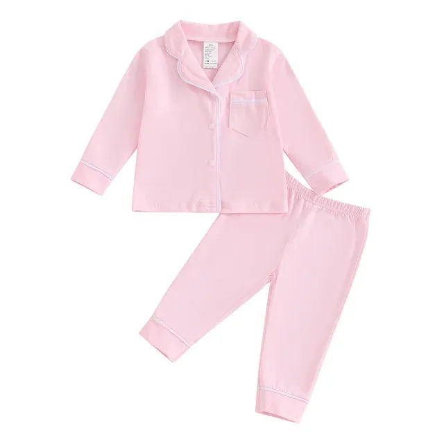 Fall Spring Children Kids Boys Girls Pajama Sets Loungewear Long Sleeve Patchwork Button Shirts Pants Comfortable Sleepwear