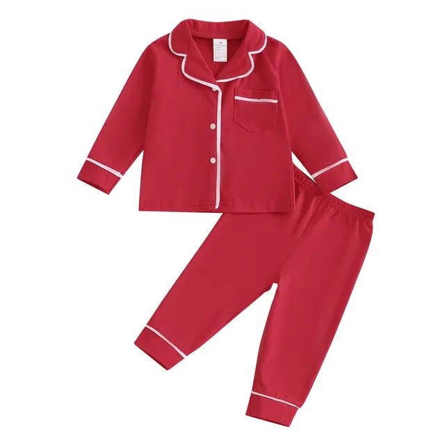 Fall Spring Children Kids Boys Girls Pajama Sets Loungewear Long Sleeve Patchwork Button Shirts Pants Comfortable Sleepwear
