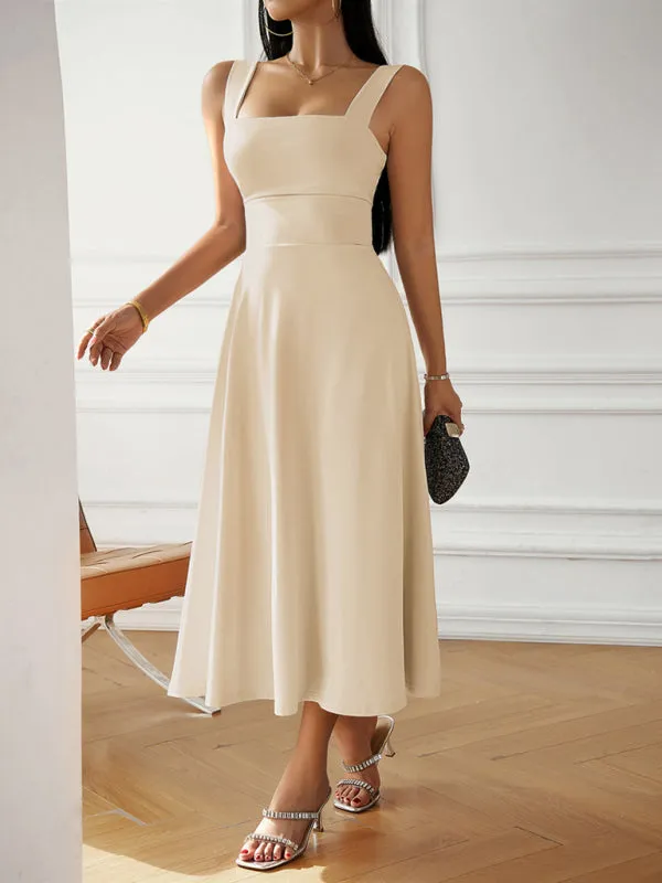 Fashion women's new sexy and elegant solid color suspender dress