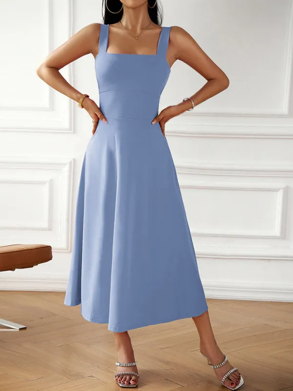 Fashion women's new sexy and elegant solid color suspender dress