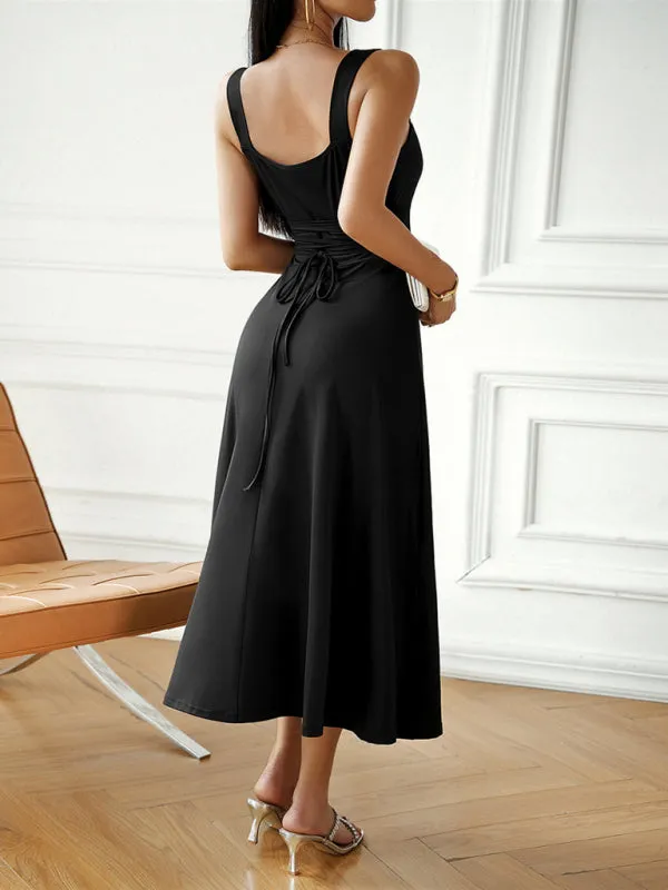 Fashion women's new sexy and elegant solid color suspender dress