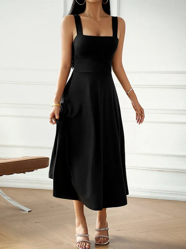 Fashion women's new sexy and elegant solid color suspender dress