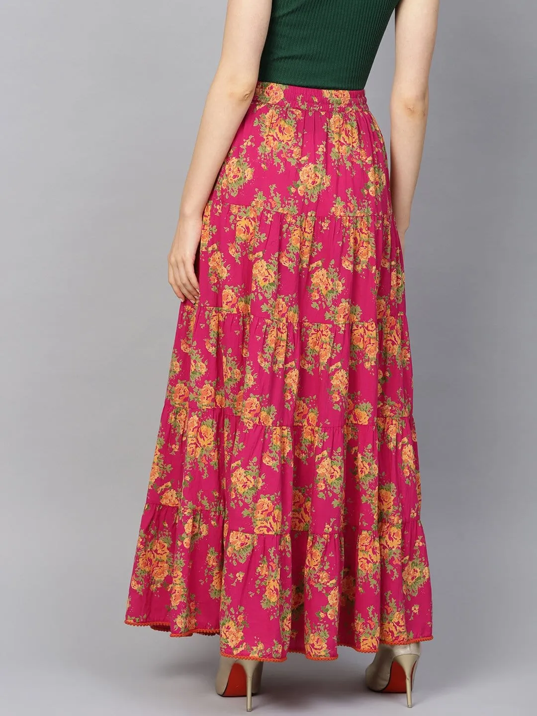 Fushcia Floral Printed Tiered Skirt