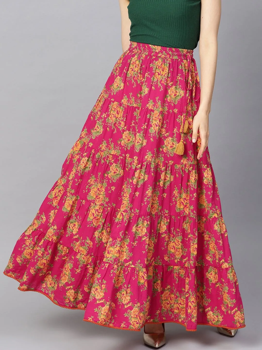 Fushcia Floral Printed Tiered Skirt