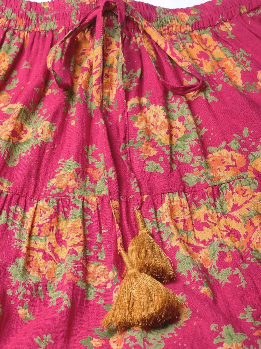 Fushcia Floral Printed Tiered Skirt