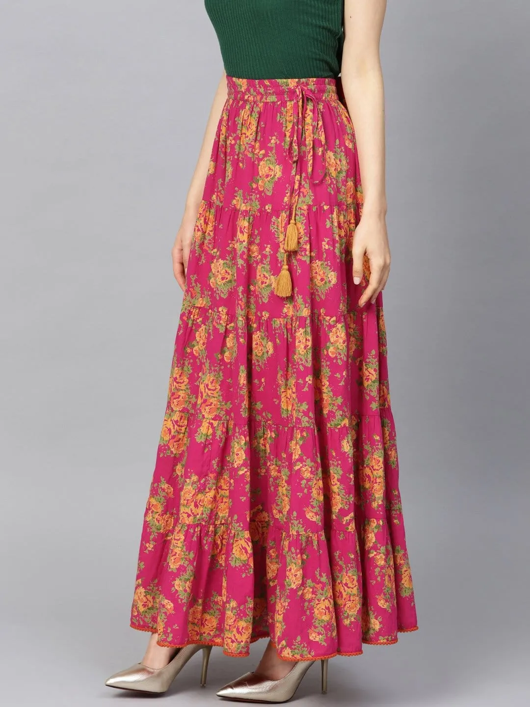 Fushcia Floral Printed Tiered Skirt