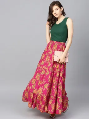 Fushcia Floral Printed Tiered Skirt