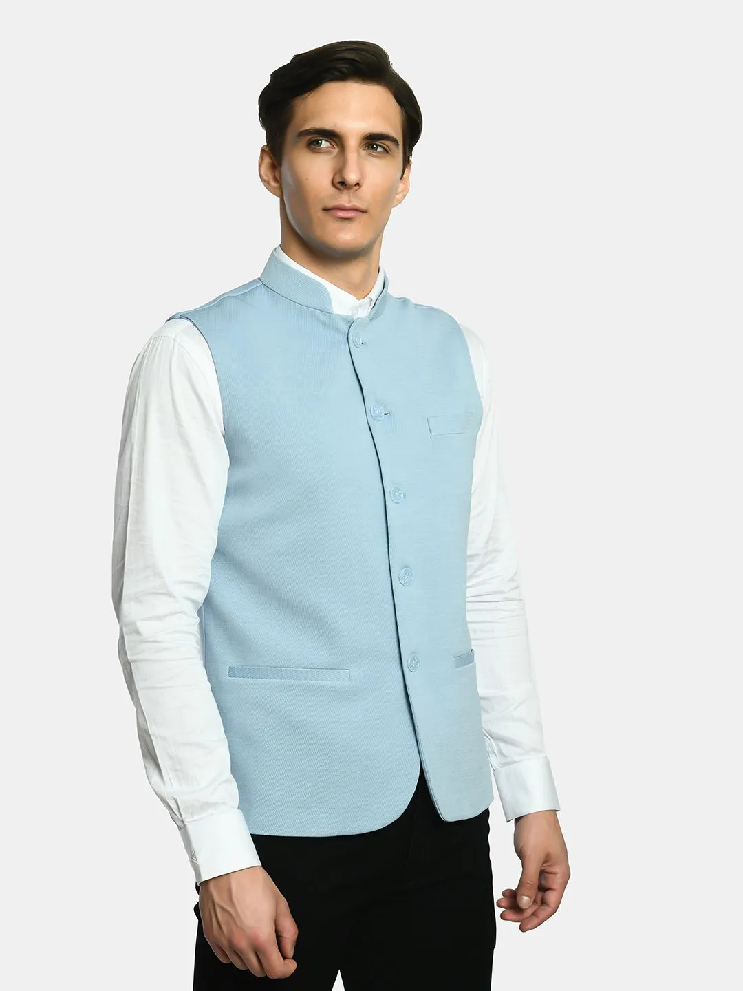 Joy Blue Solid Slim Fit Nehru Jacket