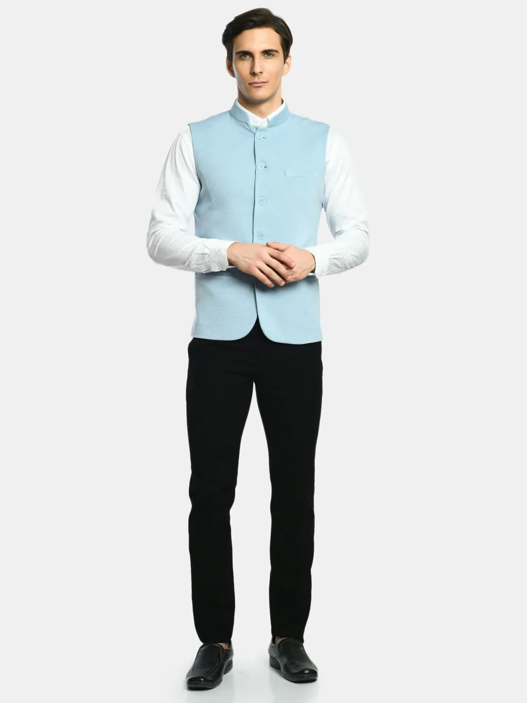 Joy Blue Solid Slim Fit Nehru Jacket