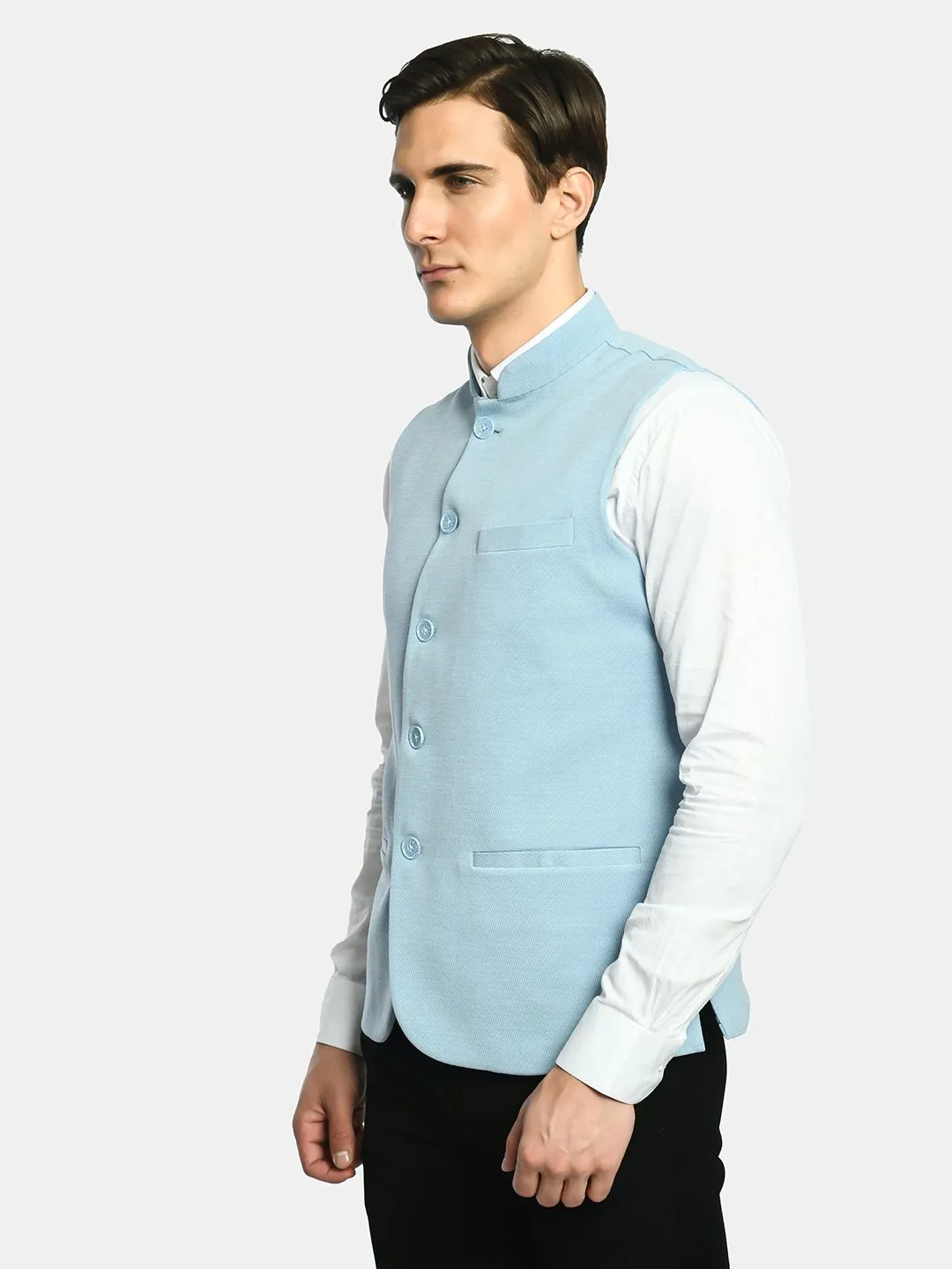 Joy Blue Solid Slim Fit Nehru Jacket