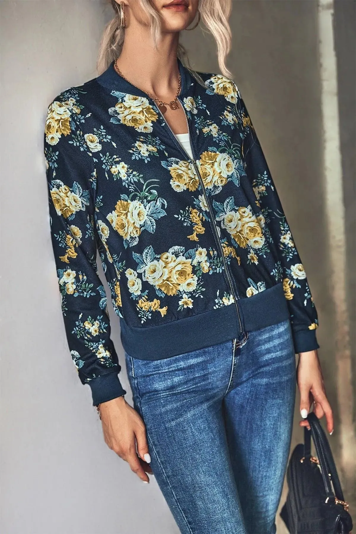 Long-Sleeve Floral Zipper Jacket for Women
