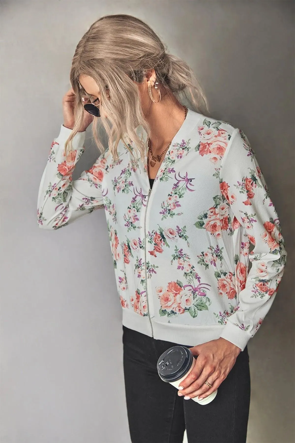 Long-Sleeve Floral Zipper Jacket for Women