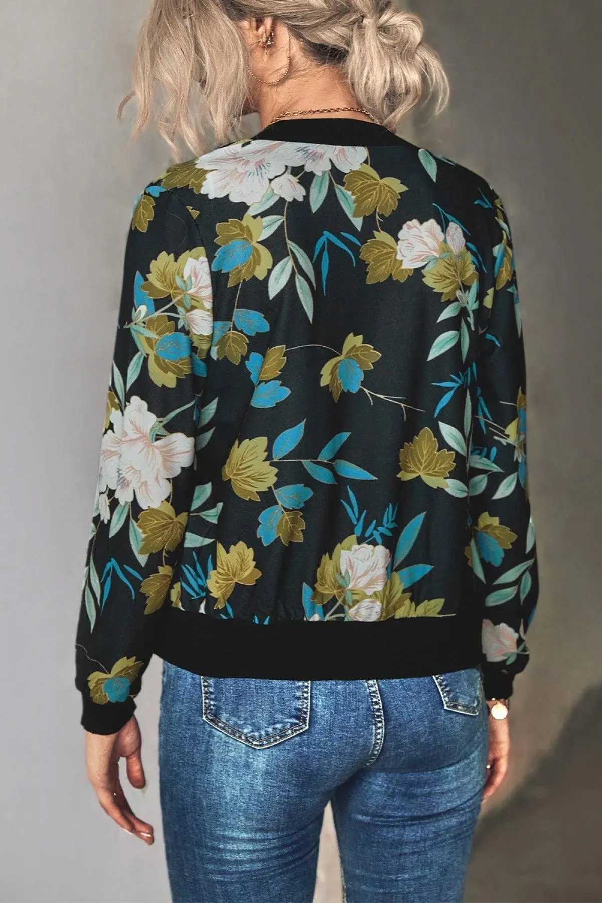 Long-Sleeve Floral Zipper Jacket for Women