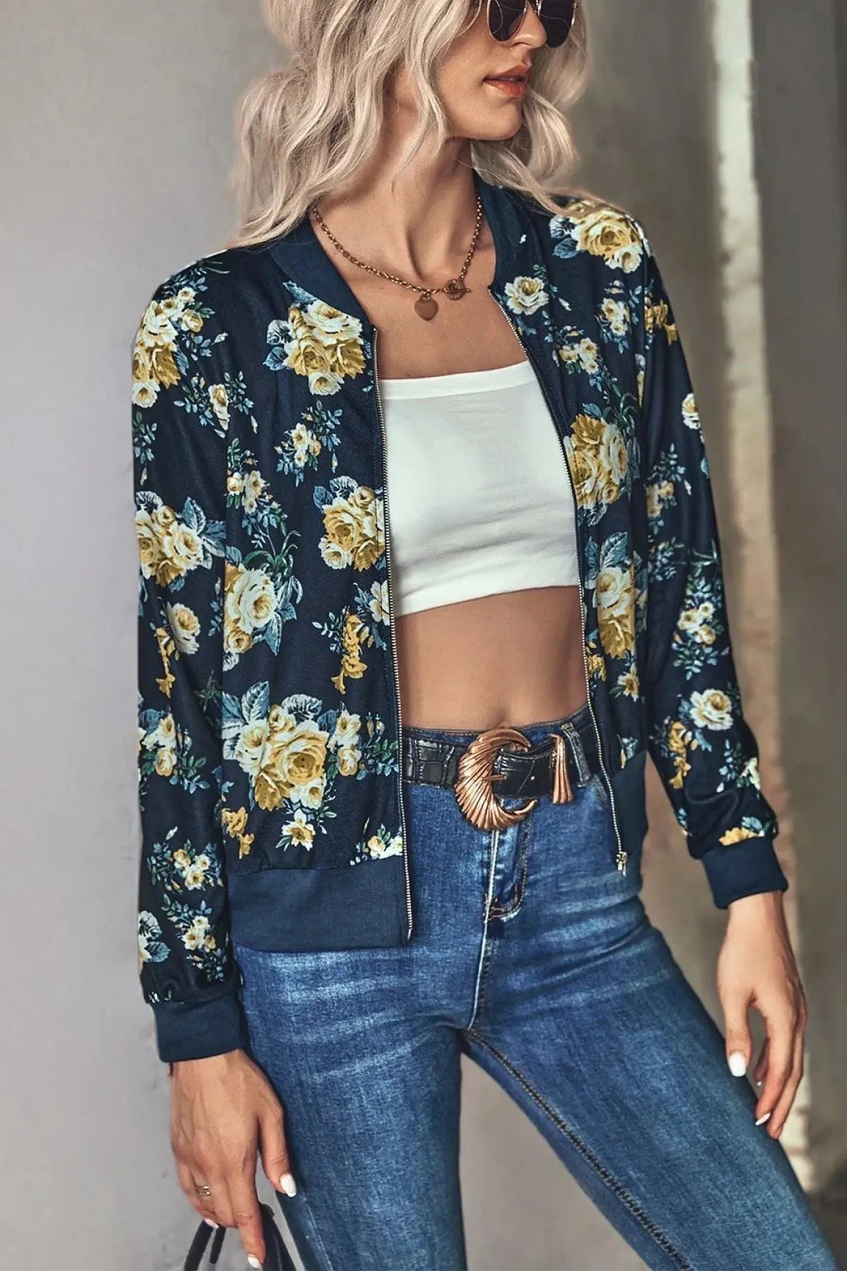Long-Sleeve Floral Zipper Jacket for Women