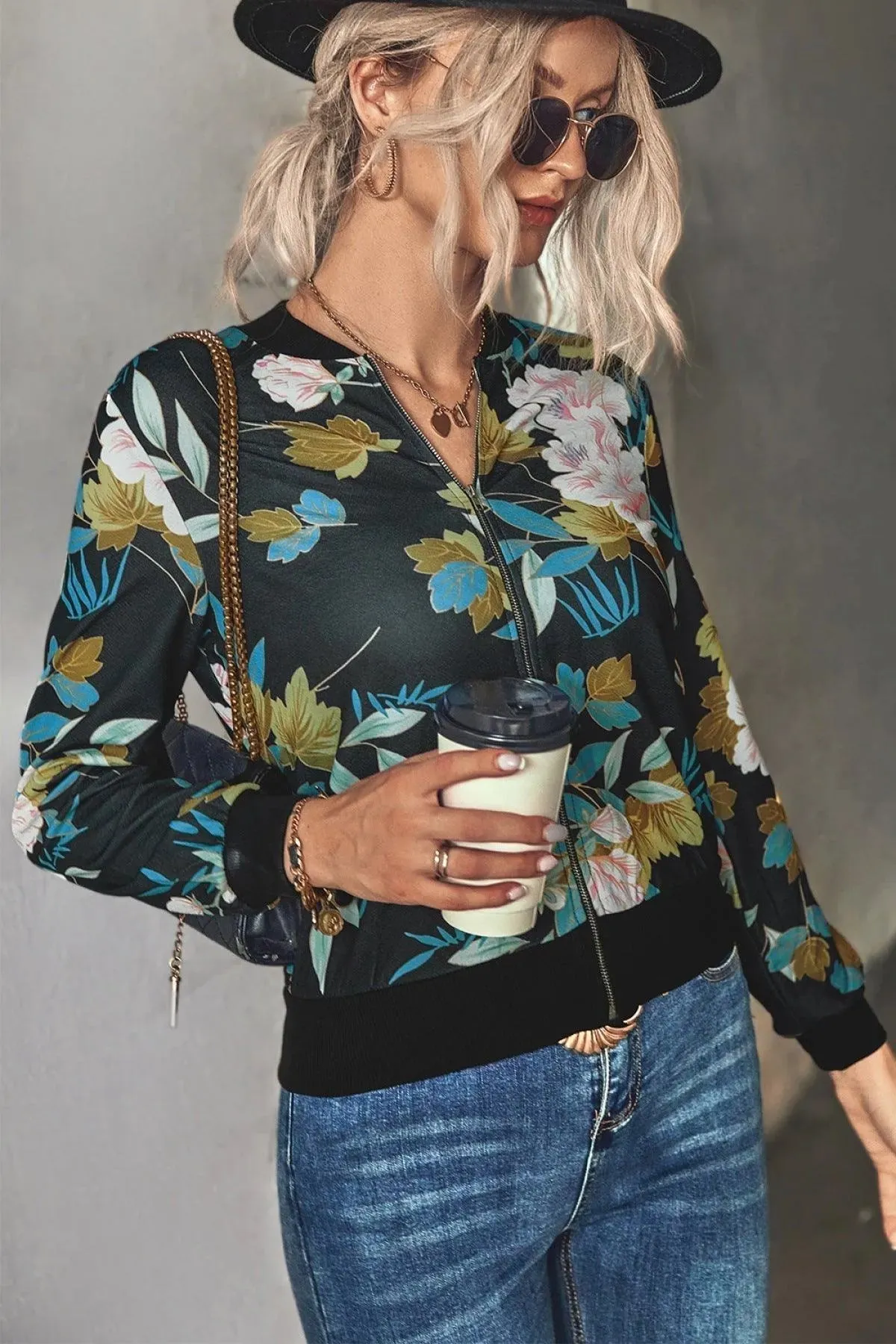 Long-Sleeve Floral Zipper Jacket for Women
