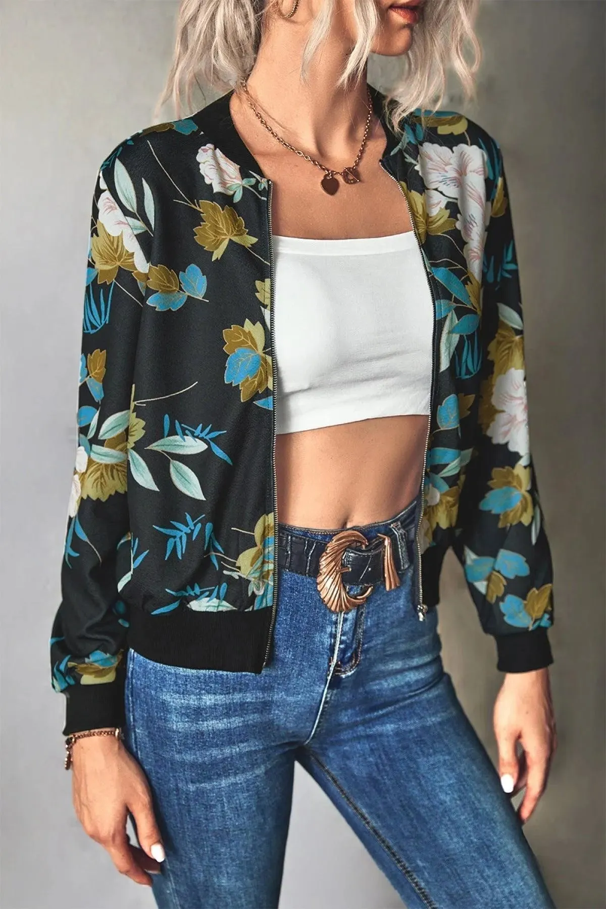 Long-Sleeve Floral Zipper Jacket for Women