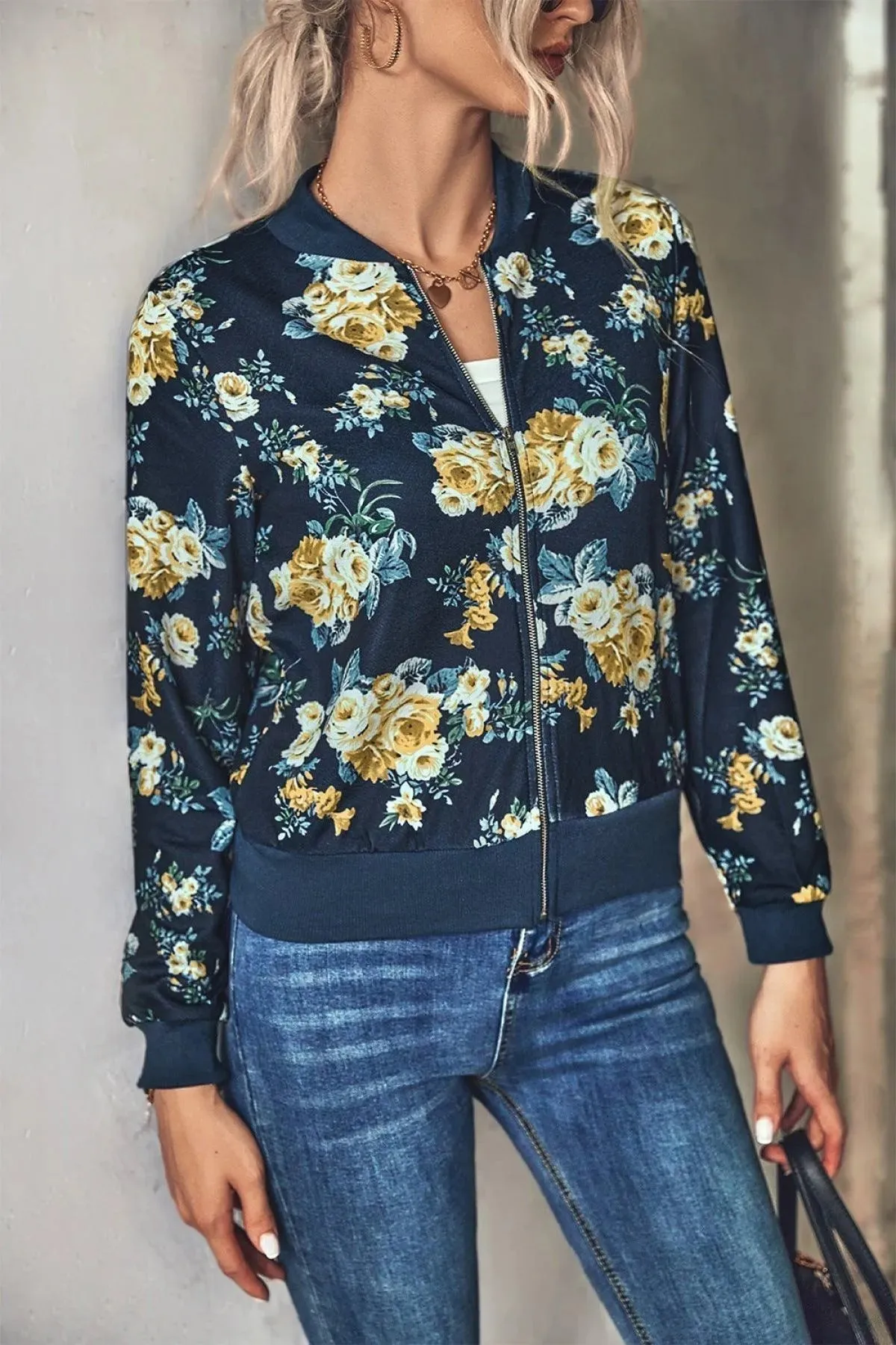 Long-Sleeve Floral Zipper Jacket for Women