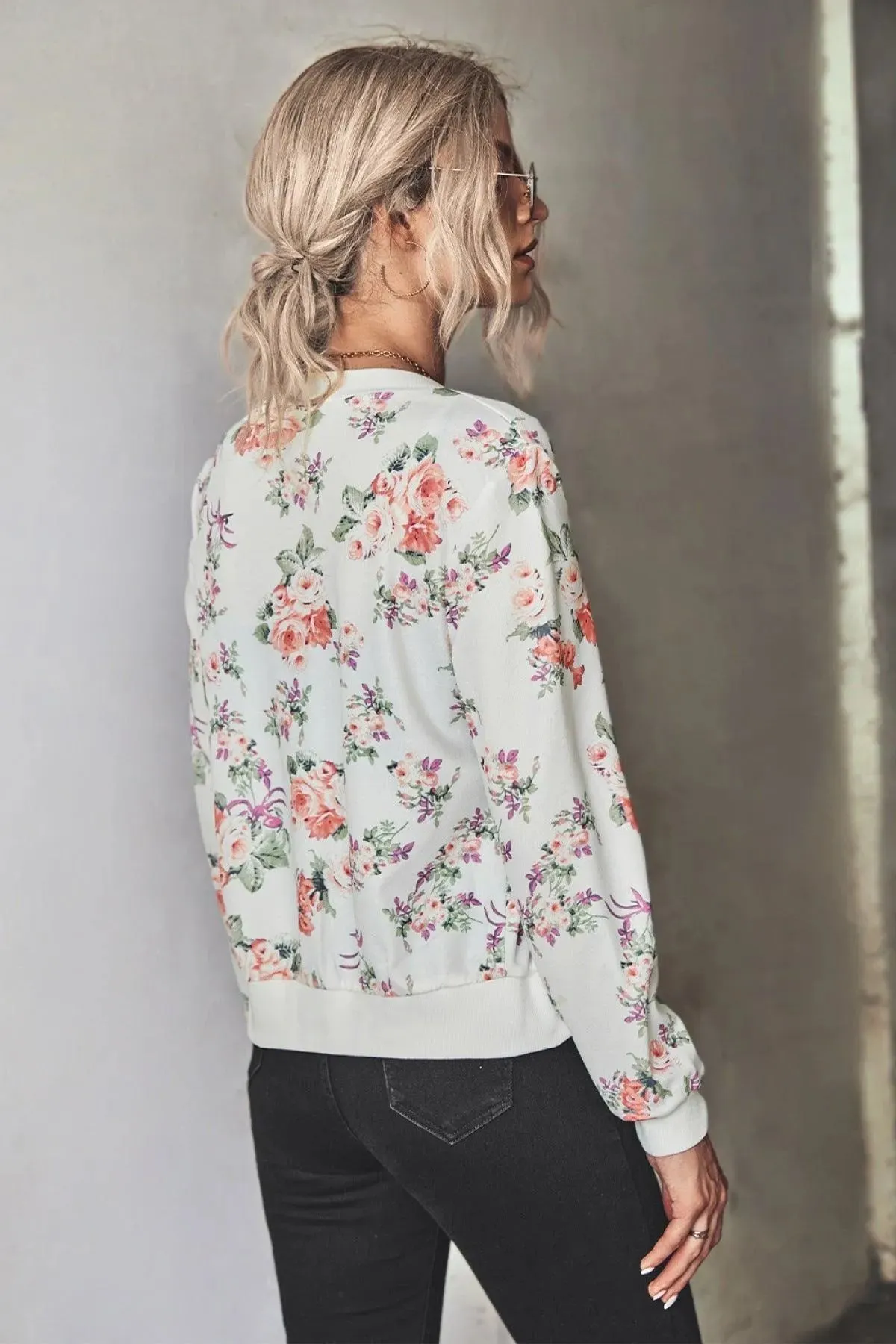 Long-Sleeve Floral Zipper Jacket for Women