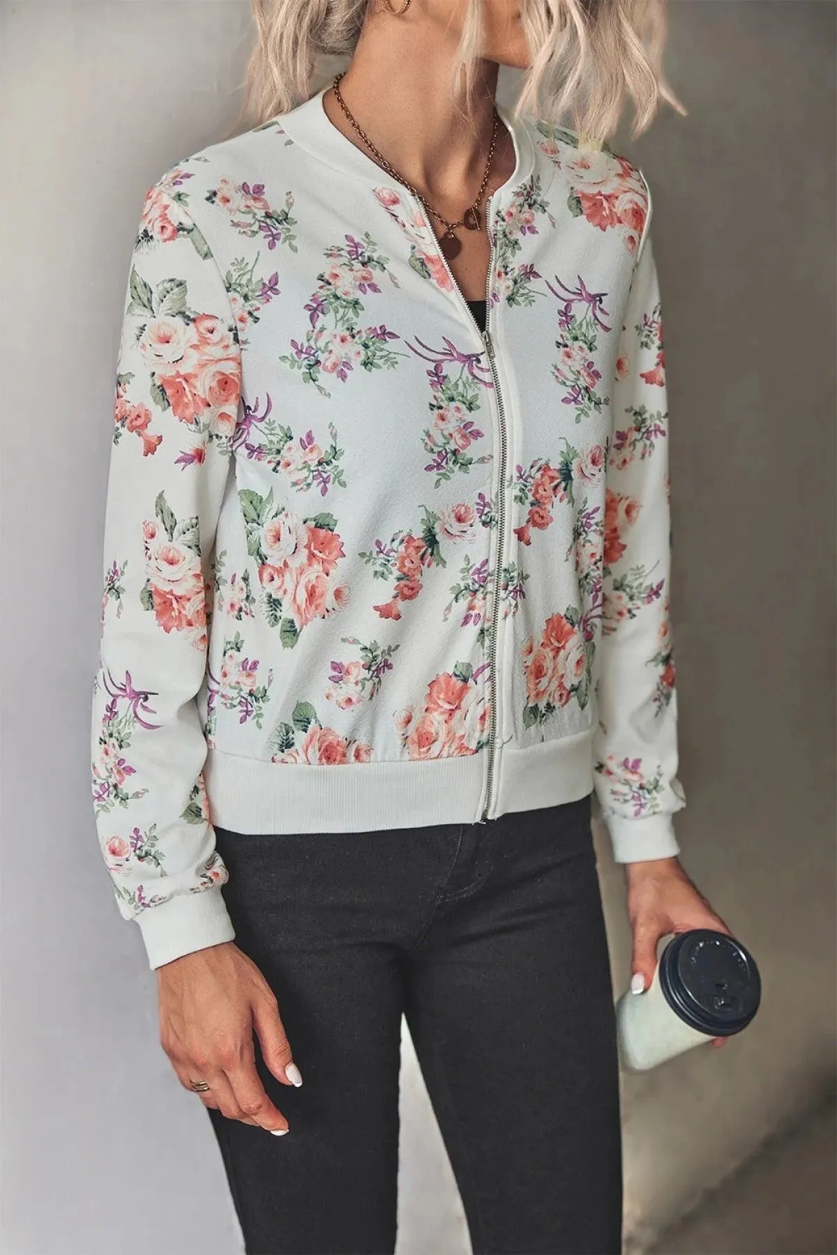 Long-Sleeve Floral Zipper Jacket for Women