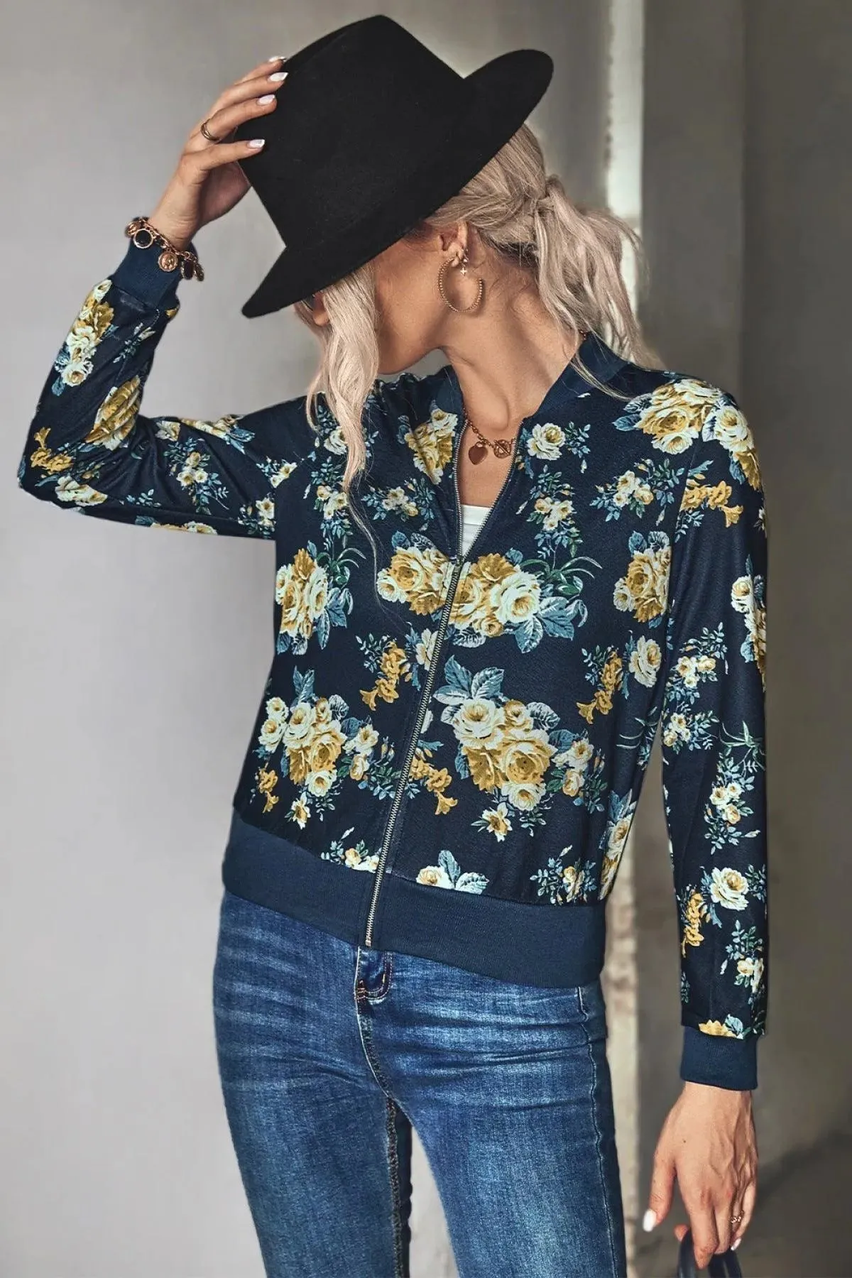 Long-Sleeve Floral Zipper Jacket for Women