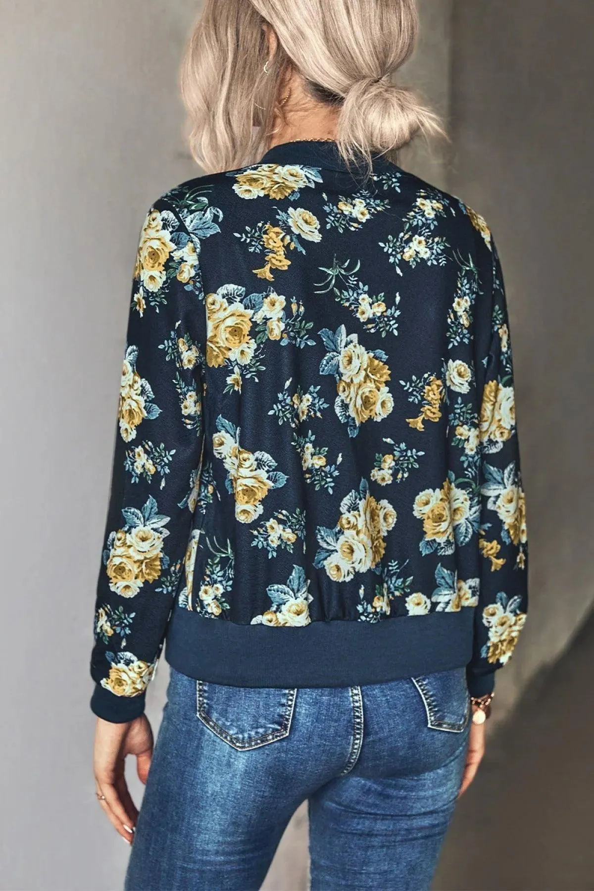 Long-Sleeve Floral Zipper Jacket for Women