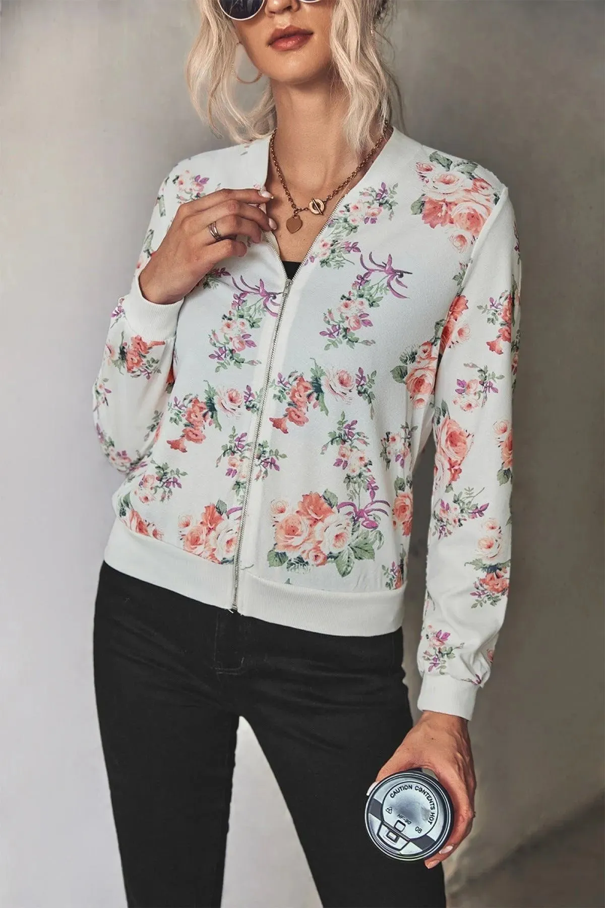 Long-Sleeve Floral Zipper Jacket for Women
