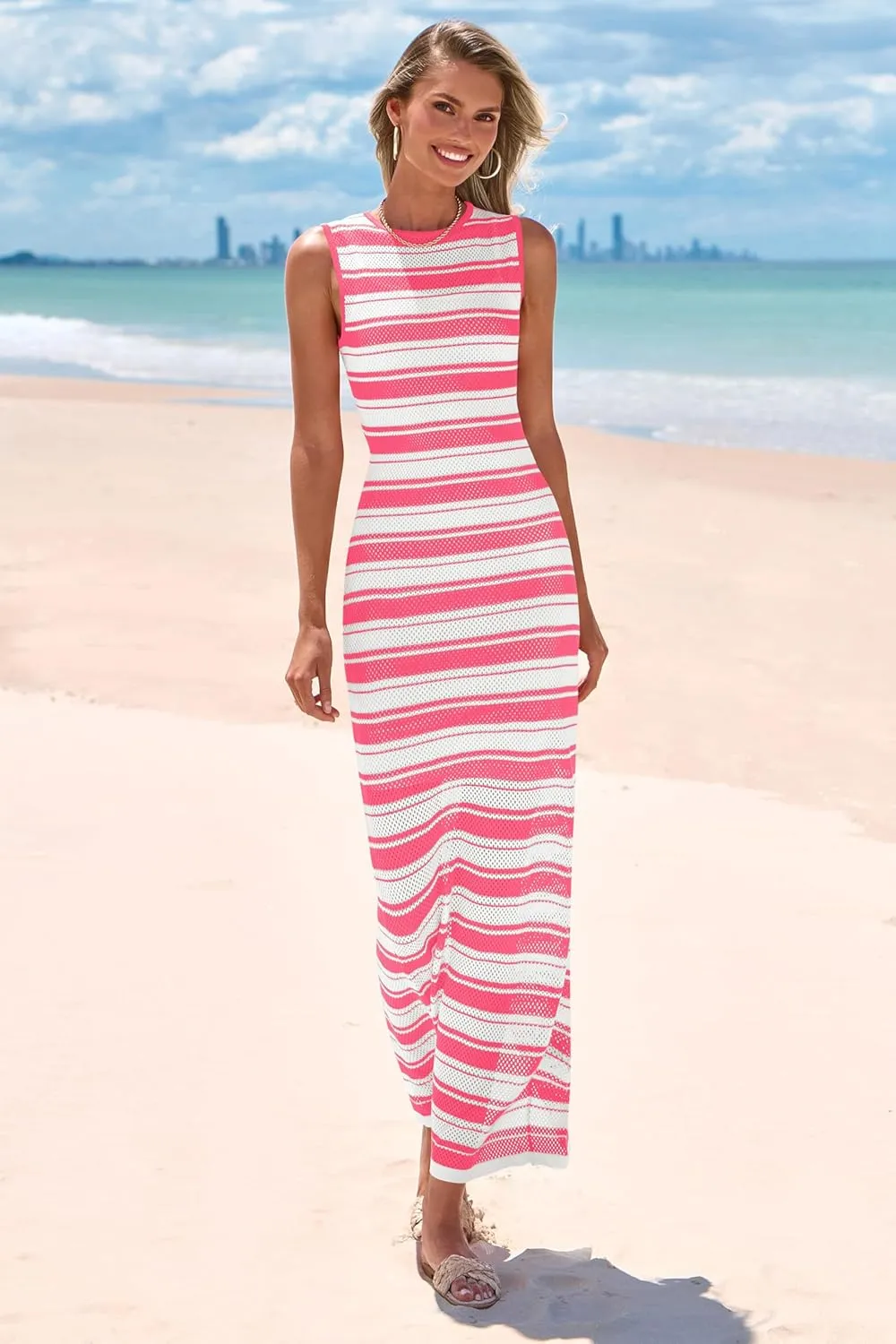 MASCOMODA Womens 2025 Striped Summer Dresses Crochet Swimsuit Coverup Sleeveless Tank Maxi Dress Beach Vacation Long Sundress
