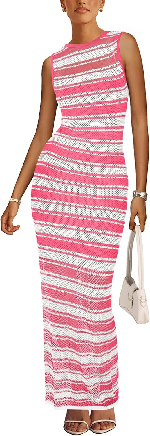 MASCOMODA Womens 2025 Striped Summer Dresses Crochet Swimsuit Coverup Sleeveless Tank Maxi Dress Beach Vacation Long Sundress