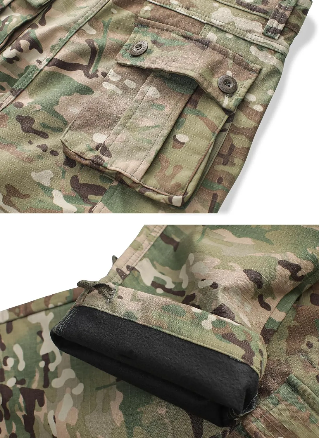 Men's Fleece Lined Camo Hiking Tactical Ripstop Pants Winter Outdoor Work Cargo Pants with 8Pockets No Belt