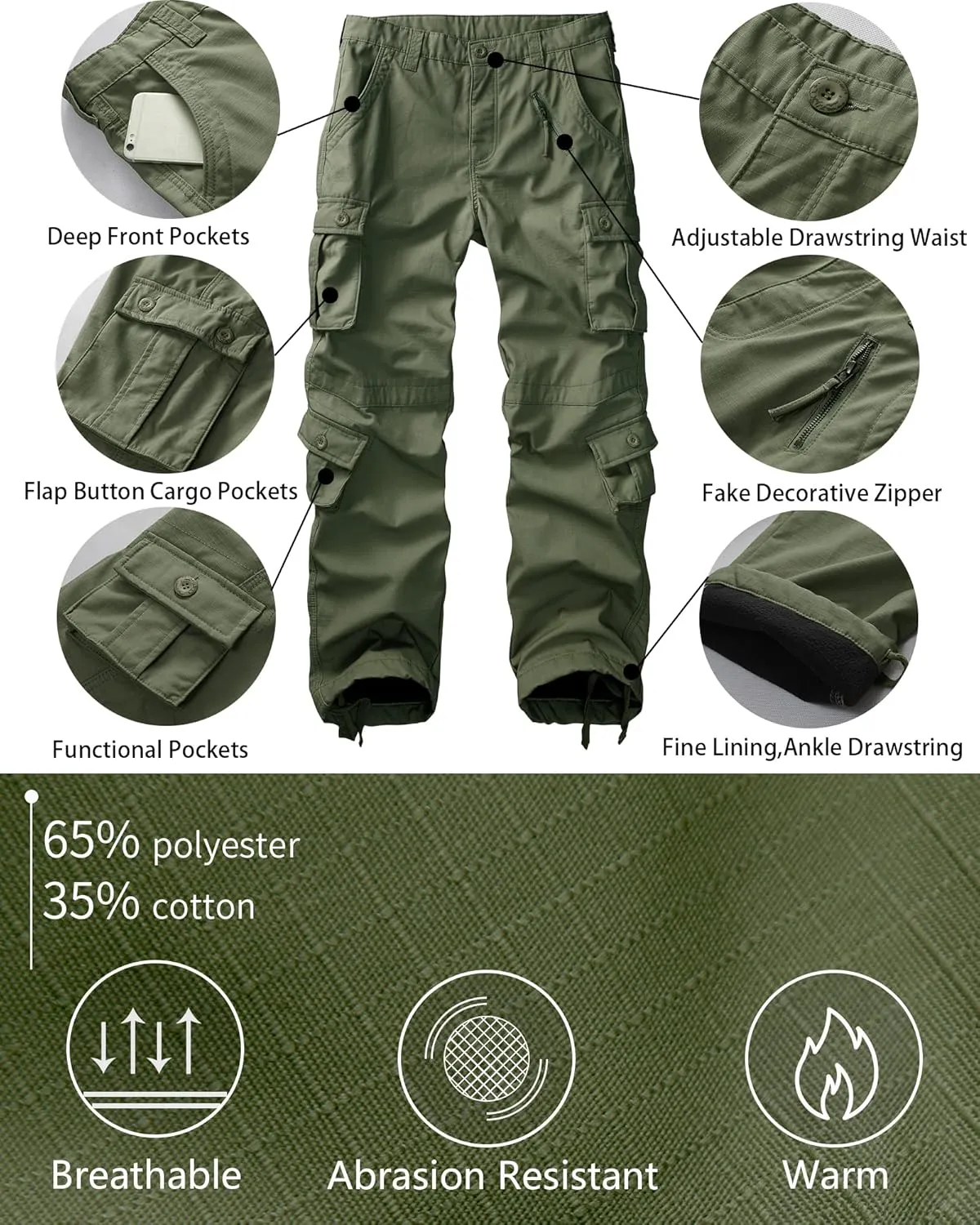 Men's Fleece Lined Camo Hiking Tactical Ripstop Pants Winter Outdoor Work Cargo Pants with 8Pockets No Belt