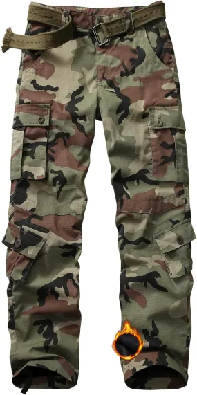 Men's Fleece Lined Camo Hiking Tactical Ripstop Pants Winter Outdoor Work Cargo Pants with 8Pockets No Belt