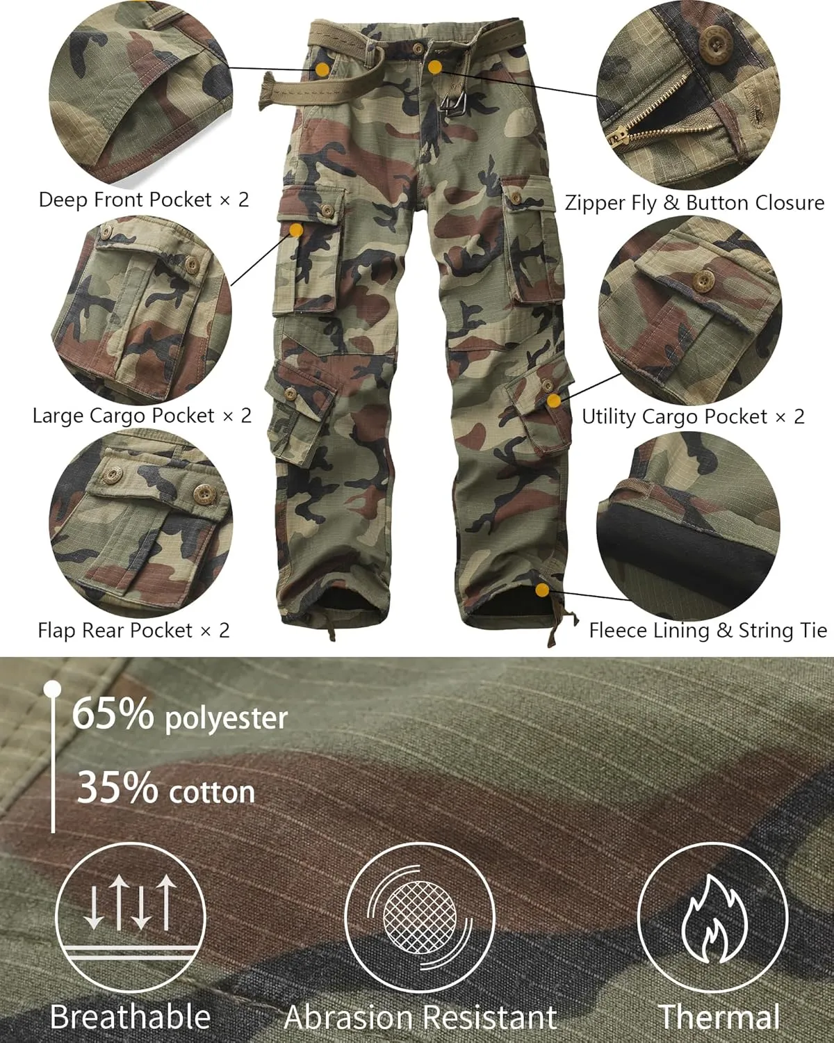 Men's Fleece Lined Camo Hiking Tactical Ripstop Pants Winter Outdoor Work Cargo Pants with 8Pockets No Belt