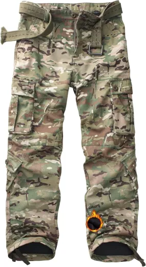 Men's Fleece Lined Camo Hiking Tactical Ripstop Pants Winter Outdoor Work Cargo Pants with 8Pockets No Belt