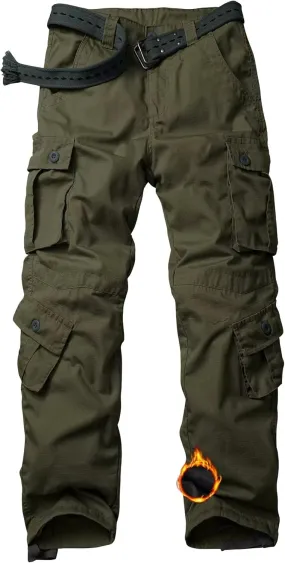Men's Fleece Lined Camo Hiking Tactical Ripstop Pants Winter Outdoor Work Cargo Pants with 8Pockets No Belt