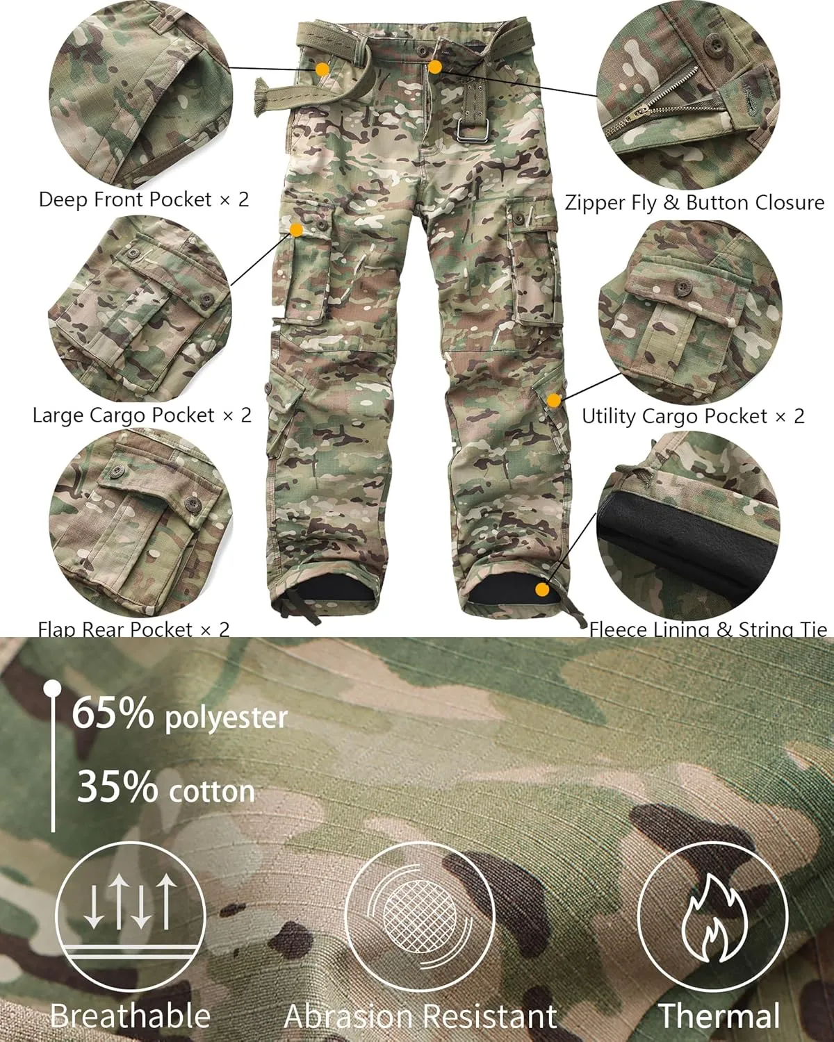 Men's Fleece Lined Camo Hiking Tactical Ripstop Pants Winter Outdoor Work Cargo Pants with 8Pockets No Belt