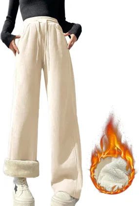 Sherpa Lined Fleece Sweatpants Women Baggy Wide Leg Lounge Pants Loose Stretchy Casual Pants(Apricot,M)