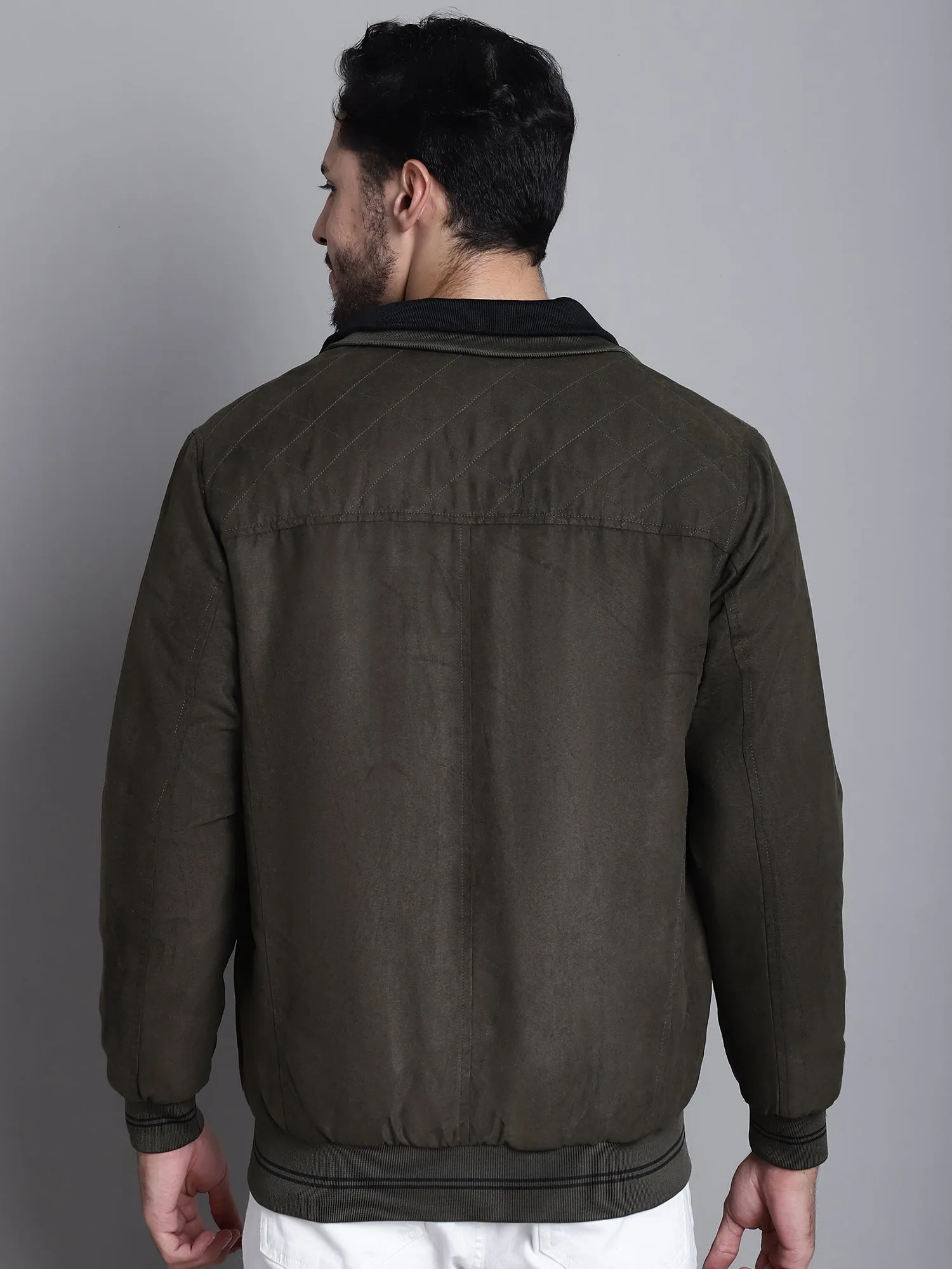 Solid Olive Full Sleeves Mock Collar Regular Fit Casual Jacket for Mens