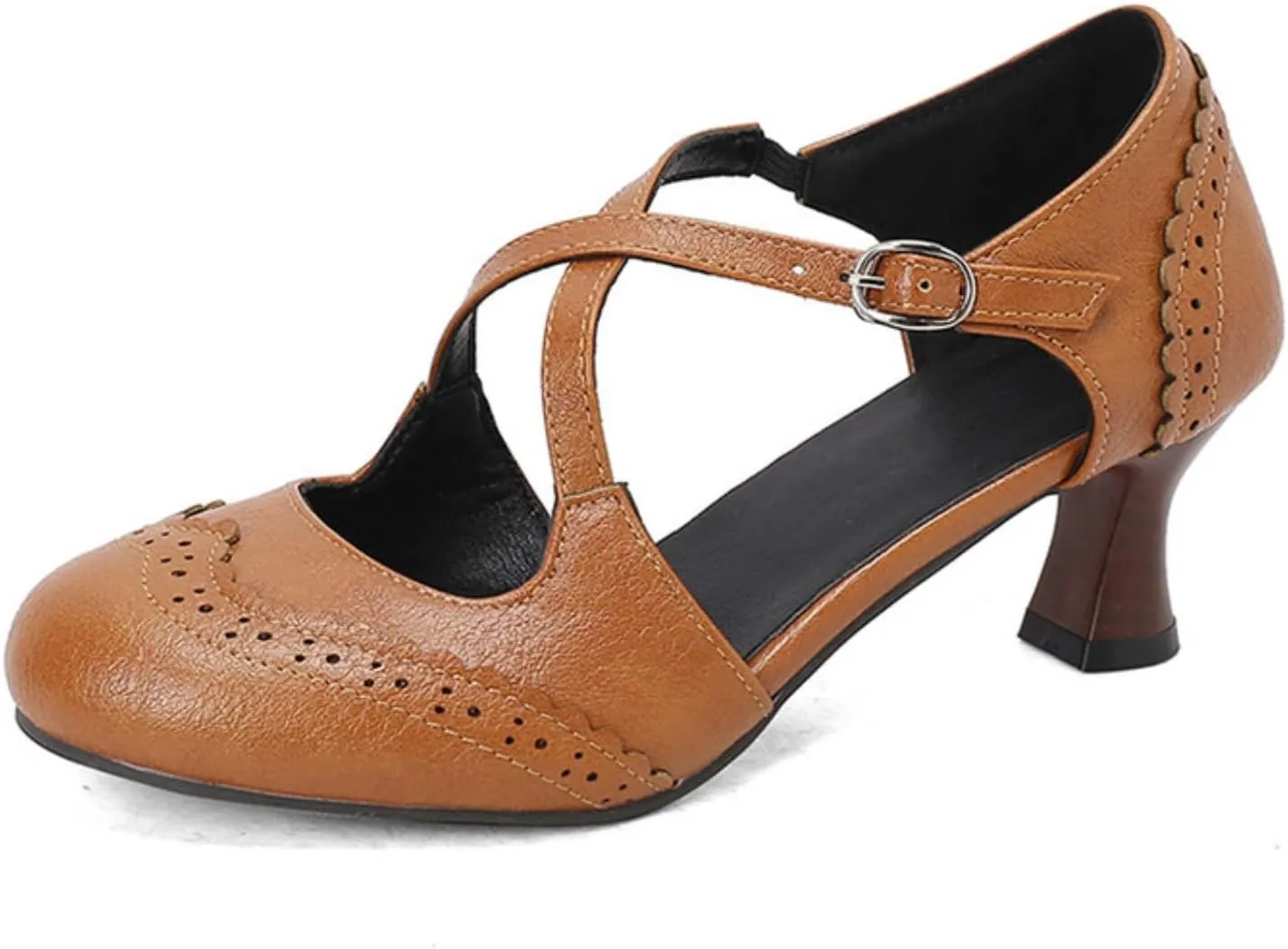 Women's Cross Ankle Strap Buckle Low Kitten Heels Mary Jane Dress Pumps Closed Round Toe Vintage Hollow Out Wingtip Brogues Office Work Oxfords Shoes