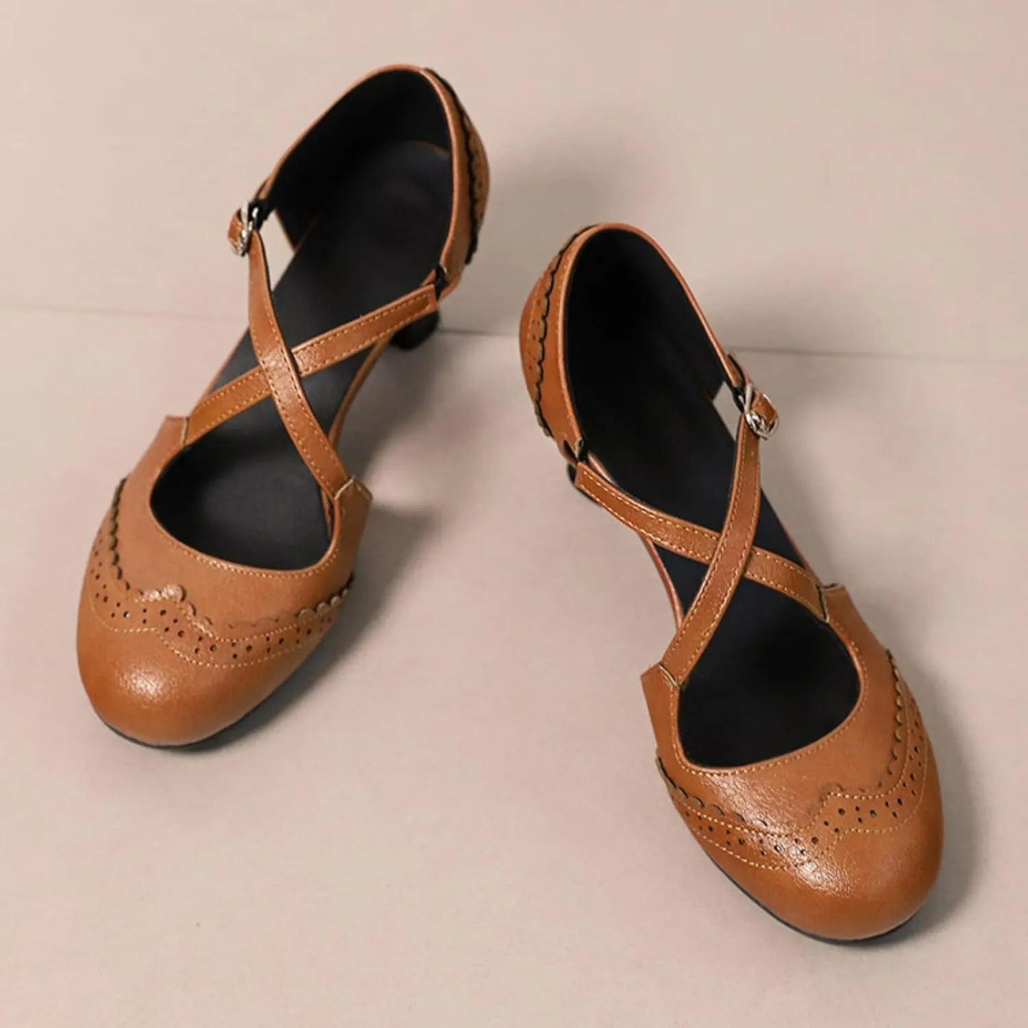 Women's Cross Ankle Strap Buckle Low Kitten Heels Mary Jane Dress Pumps Closed Round Toe Vintage Hollow Out Wingtip Brogues Office Work Oxfords Shoes
