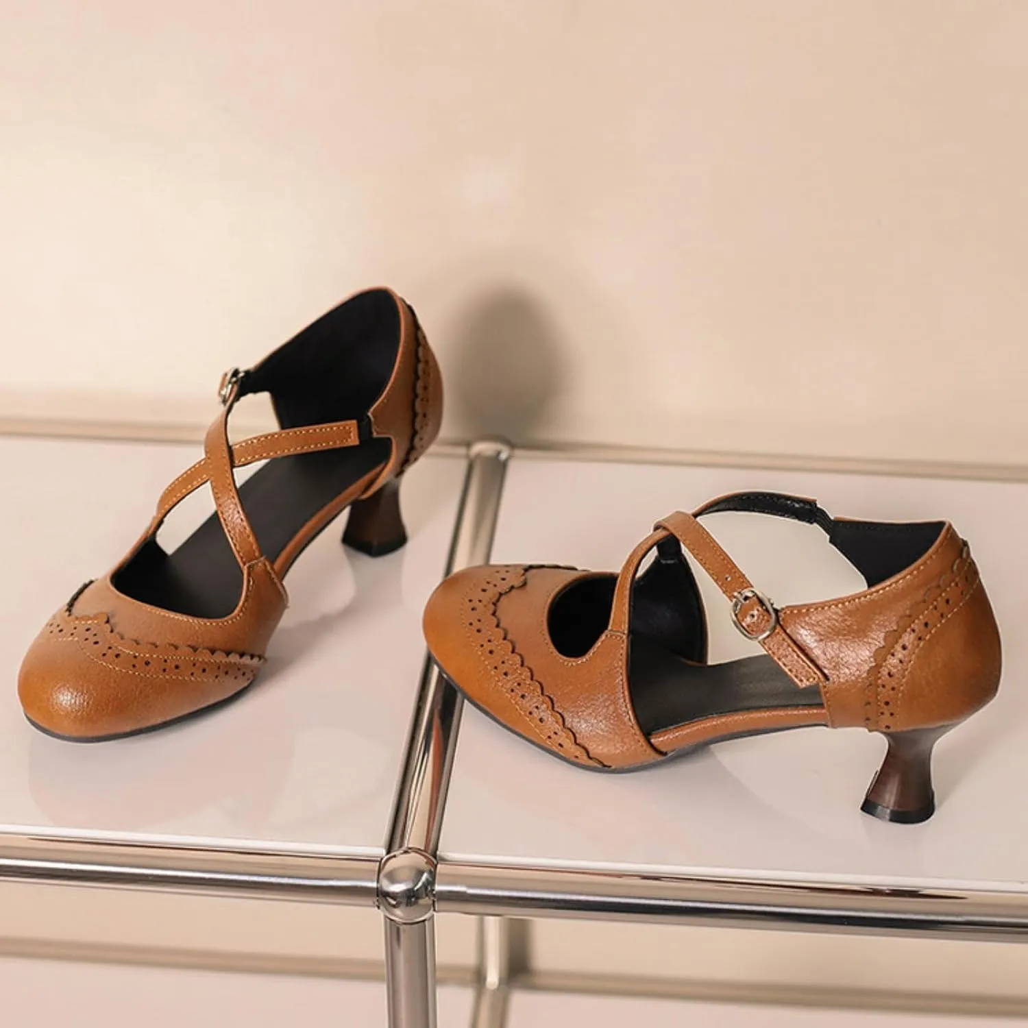 Women's Cross Ankle Strap Buckle Low Kitten Heels Mary Jane Dress Pumps Closed Round Toe Vintage Hollow Out Wingtip Brogues Office Work Oxfords Shoes
