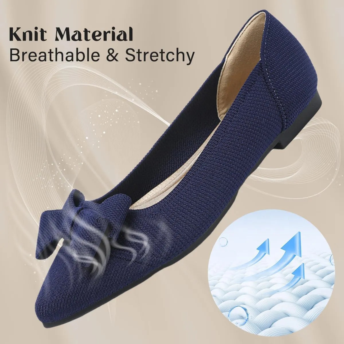 Women's Flats Shoes Comfortable Slip On Shoes Classic Dressy Pointed Toe Bow Knit Ballet Flat
