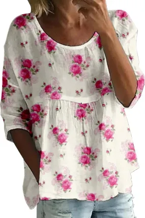 Womens Peasant Boho 3/4 Sleeve Plus Size Hippie Tops 2025 Floral Summer Babydoll Blouse Loose Fit Flowy Tunic Shirts