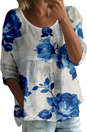 Womens Peasant Boho 3/4 Sleeve Plus Size Hippie Tops 2025 Floral Summer Babydoll Blouse Loose Fit Flowy Tunic Shirts